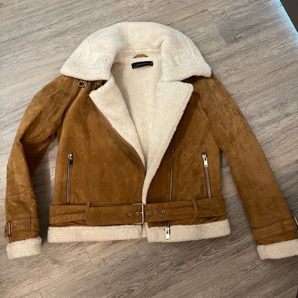 ZARA GENUINE SUEDE CAMEL SHERPA AVIATOR JACKET M - Picture 1 of 15